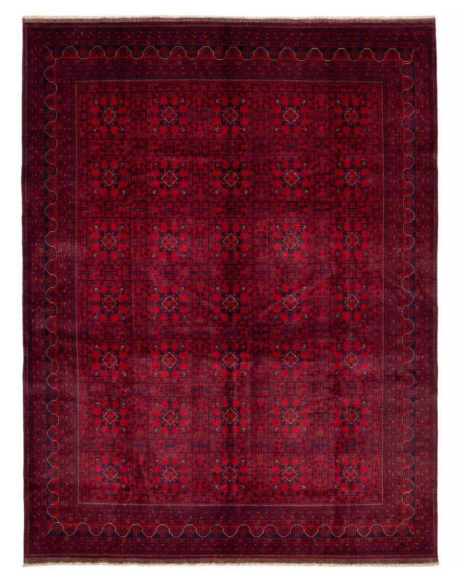 Hand made Afghan rug with intricate geometric patterns in deep red and dark navy, framed by a detailed border, crafted by Esari Turkmen artisans.