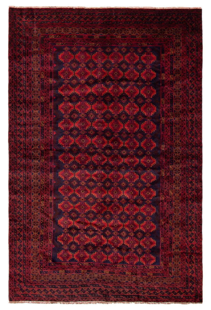 Full view of The Loyalist Afghan wool rug showcasing bold geometric patterns in deep red and navy. Available at Tuck Rugs.