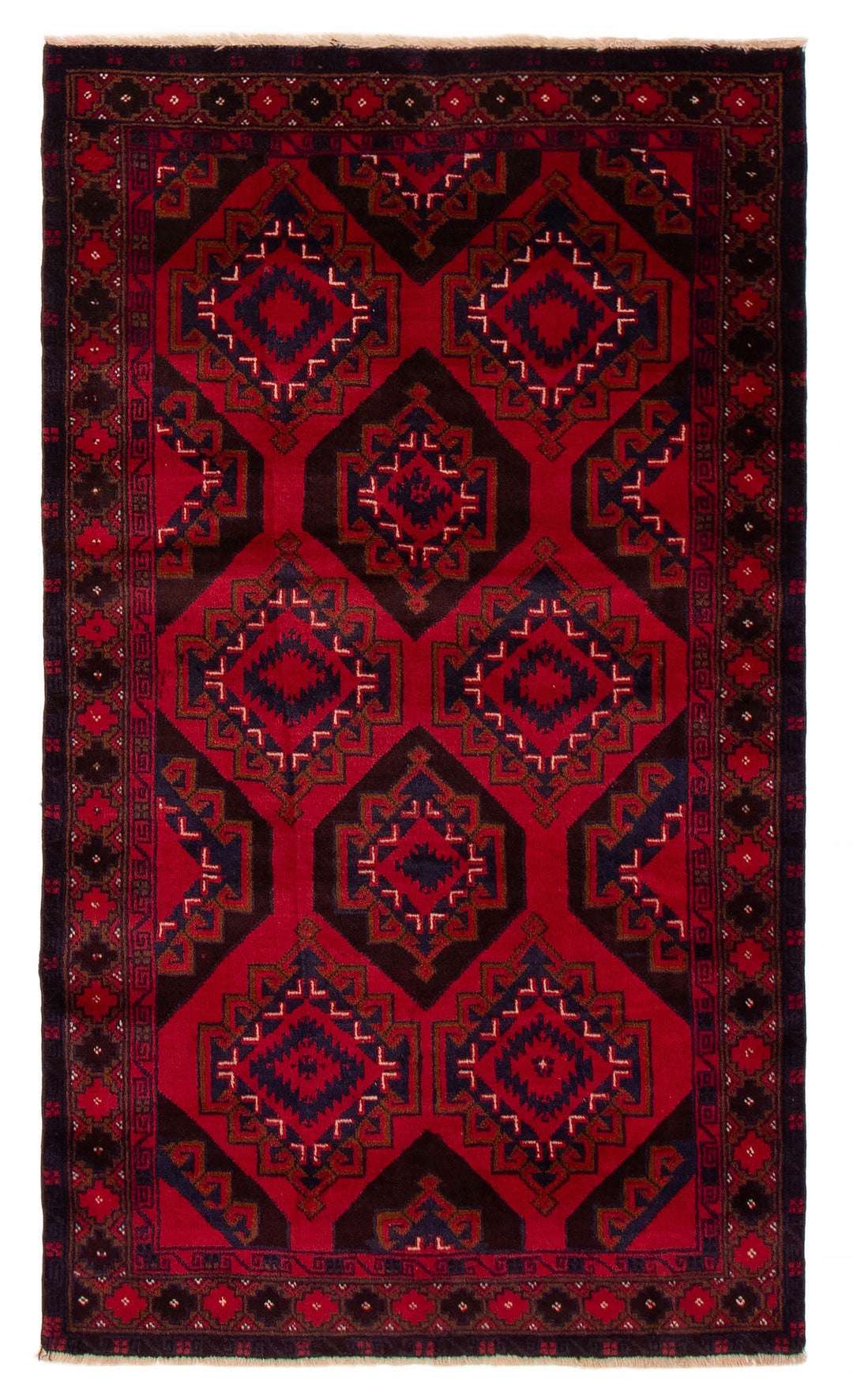 The Tides Afghan wool rug featuring bold geometric designs in deep red and black tones, hand-knotted by Baluchi artisans. Available at Tuck Rugs.