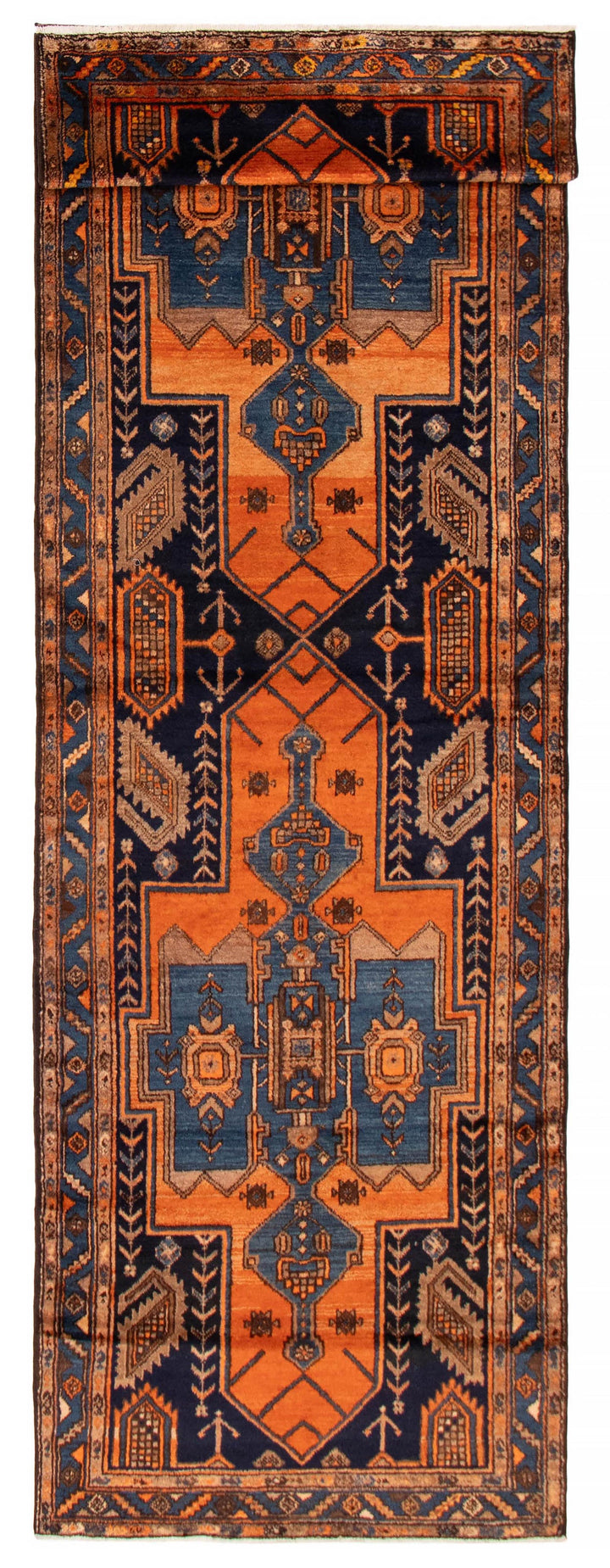 The Loch Turkish wool runner featuring bold geometric patterns in warm orange and navy tones. Available at Tuck Rugs.