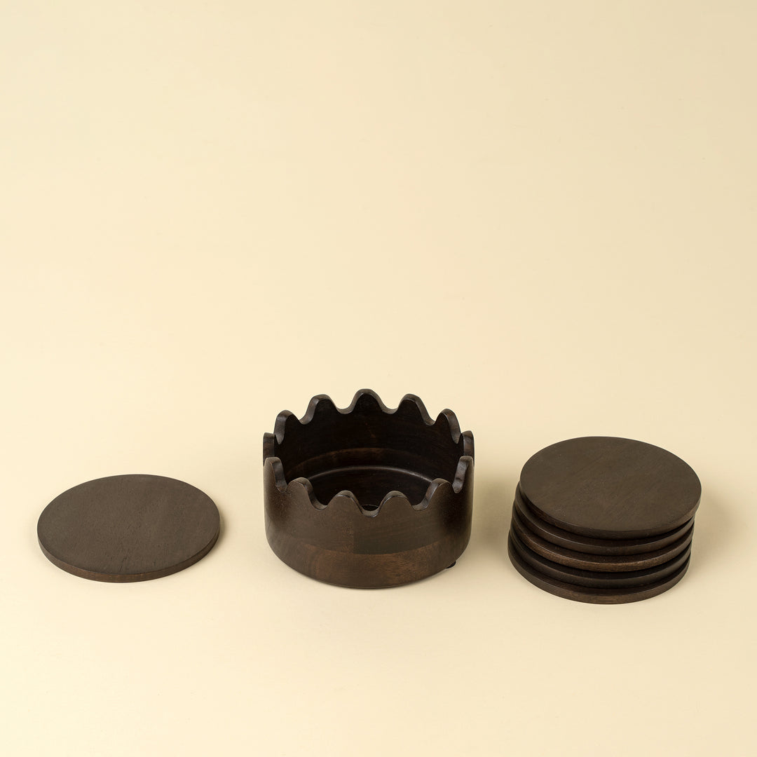 Wooden Scalloped Coasters Set of 6 - Dark Brown