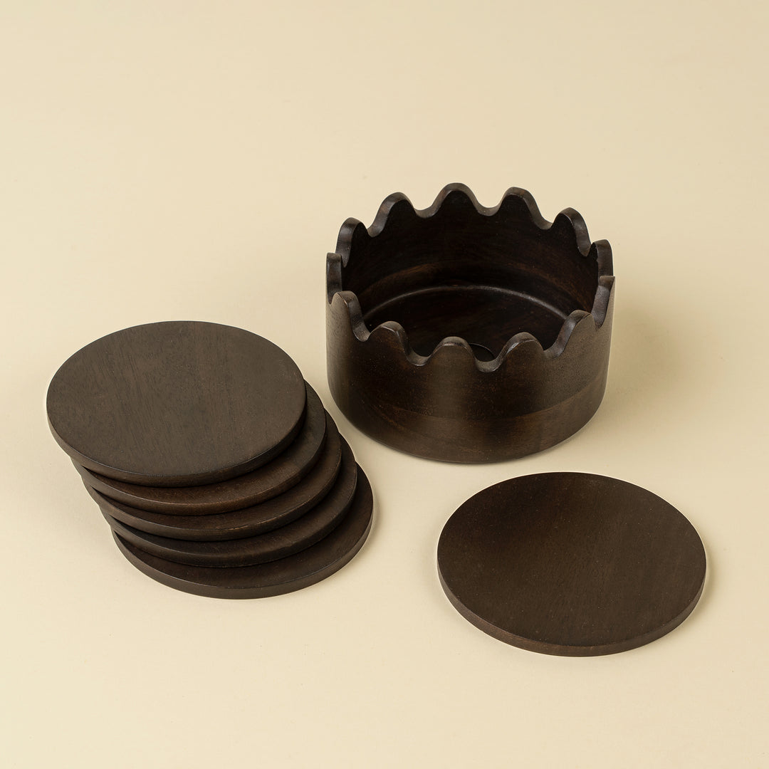 Wooden Scalloped Coasters Set of 6 - Dark Brown