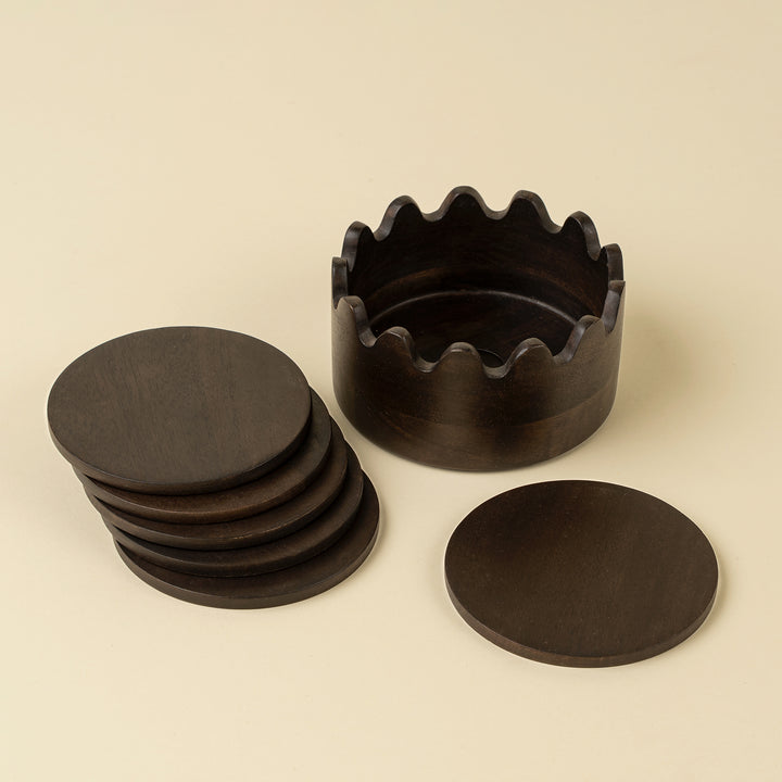 Wooden Scalloped Coasters Set of 6 - Dark Brown