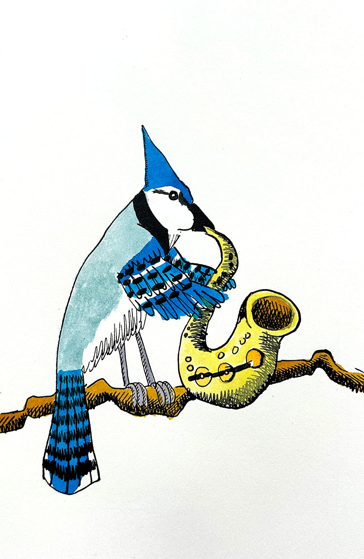 Bluejay playing a saxophone by Colin Smith