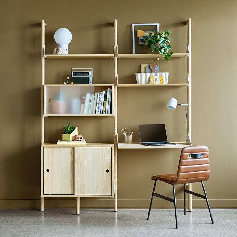 Branch-2 Multi Storage Unit with Desk Blond Upright, White Bracket and Blonde Wood