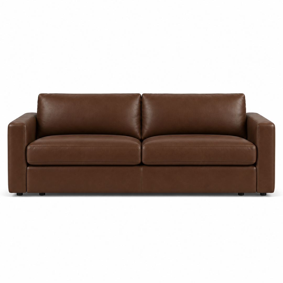 A modern two-seater loveseat sofa upholstered in smooth brown leather, shown from a straight-on front angle against a plain white background.