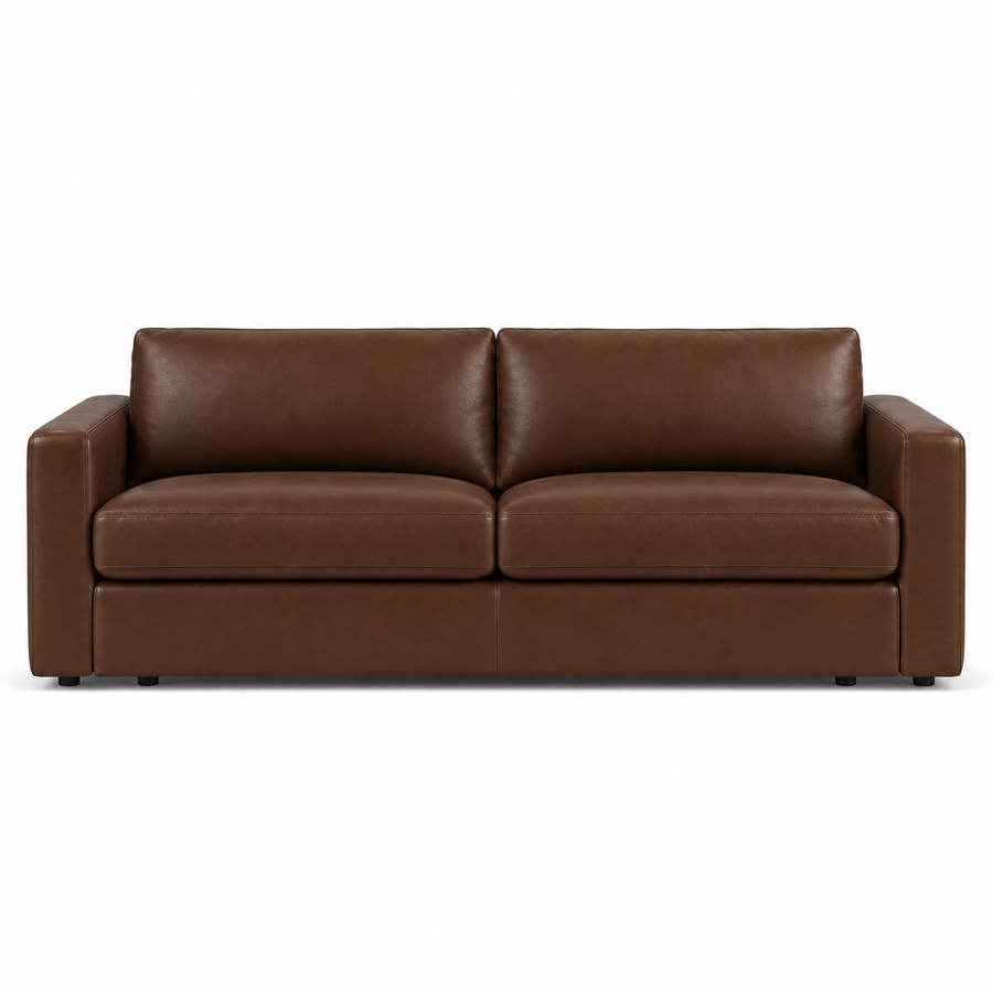 A modern two-seater loveseat sofa upholstered in smooth brown leather, shown from a straight-on front angle against a plain white background.