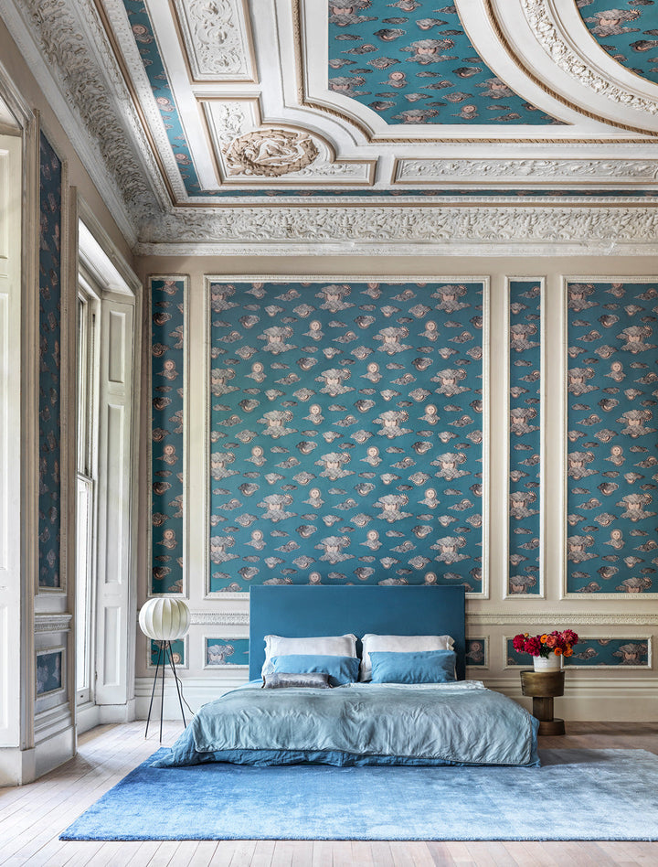 Soli e Nuvole Wallpaper Teal Rose Gold Bedroom