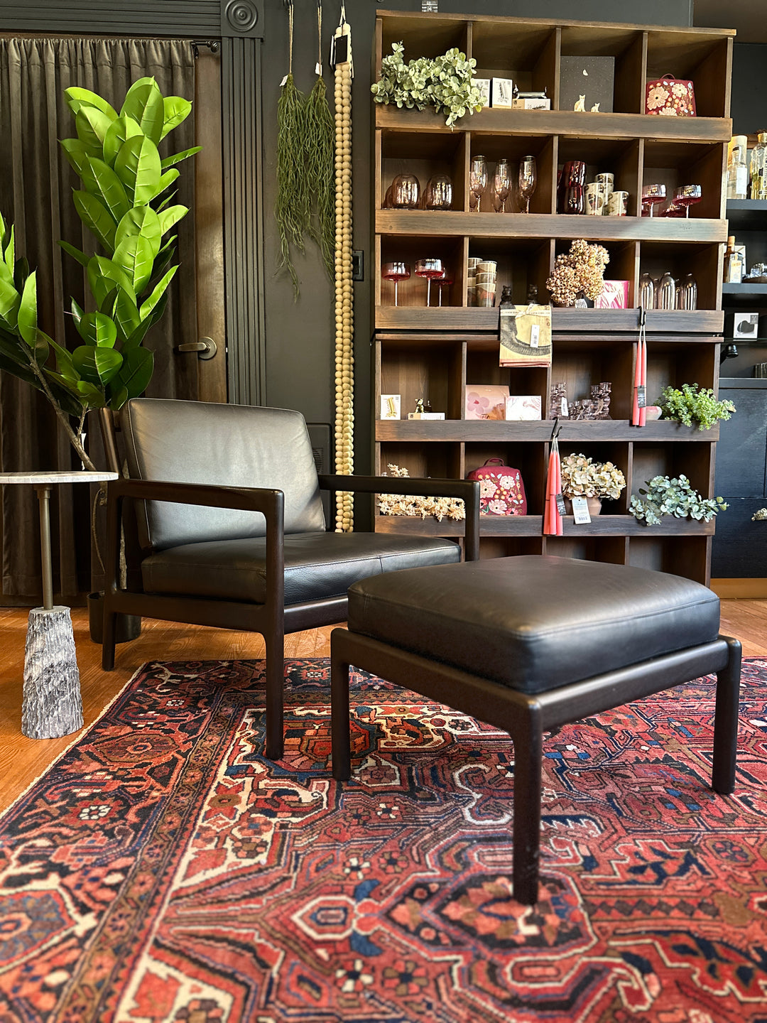 Ethnicraft Jack Chair & Ottoman, Mahogany Dark Brown, Carbone Leather