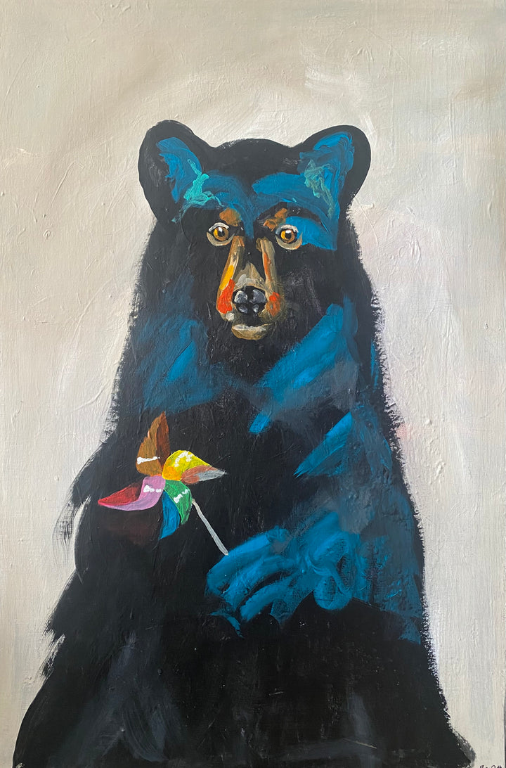 Black Bear with Pinwheel | Acrylic Painting on Canvas by Robert Moore