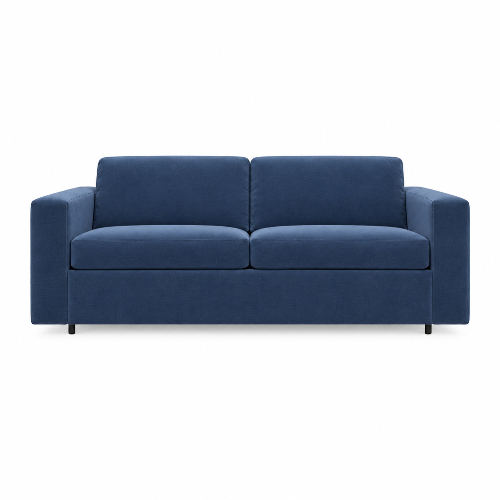 A modern two-seater sleeper sofa upholstered in textured blue fabric, shown from a straight-on front angle against a plain white background.
