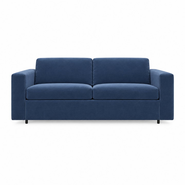 A modern two-seater sleeper sofa upholstered in textured blue fabric, shown from a straight-on front angle against a plain white background.