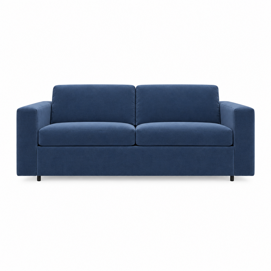 A modern two-seater sleeper sofa upholstered in textured blue fabric, shown from a straight-on front angle against a plain white background.