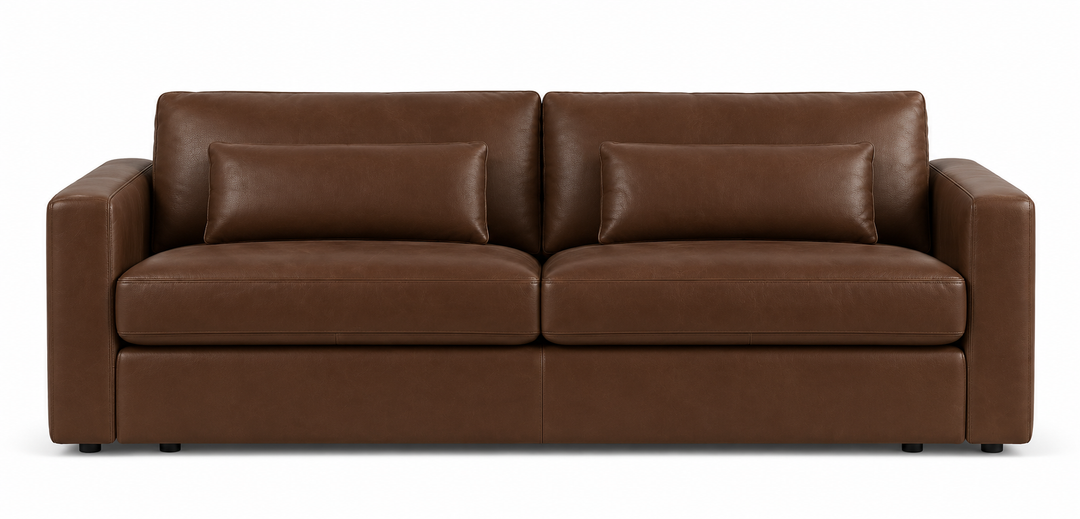A modern two-seater sofa in dark brown leather with two matching square throw pillows, shown against a plain white background.