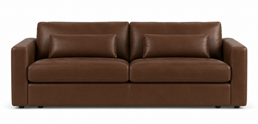 A modern two-seater sofa in dark brown leather with two matching square throw pillows, shown against a plain white background.