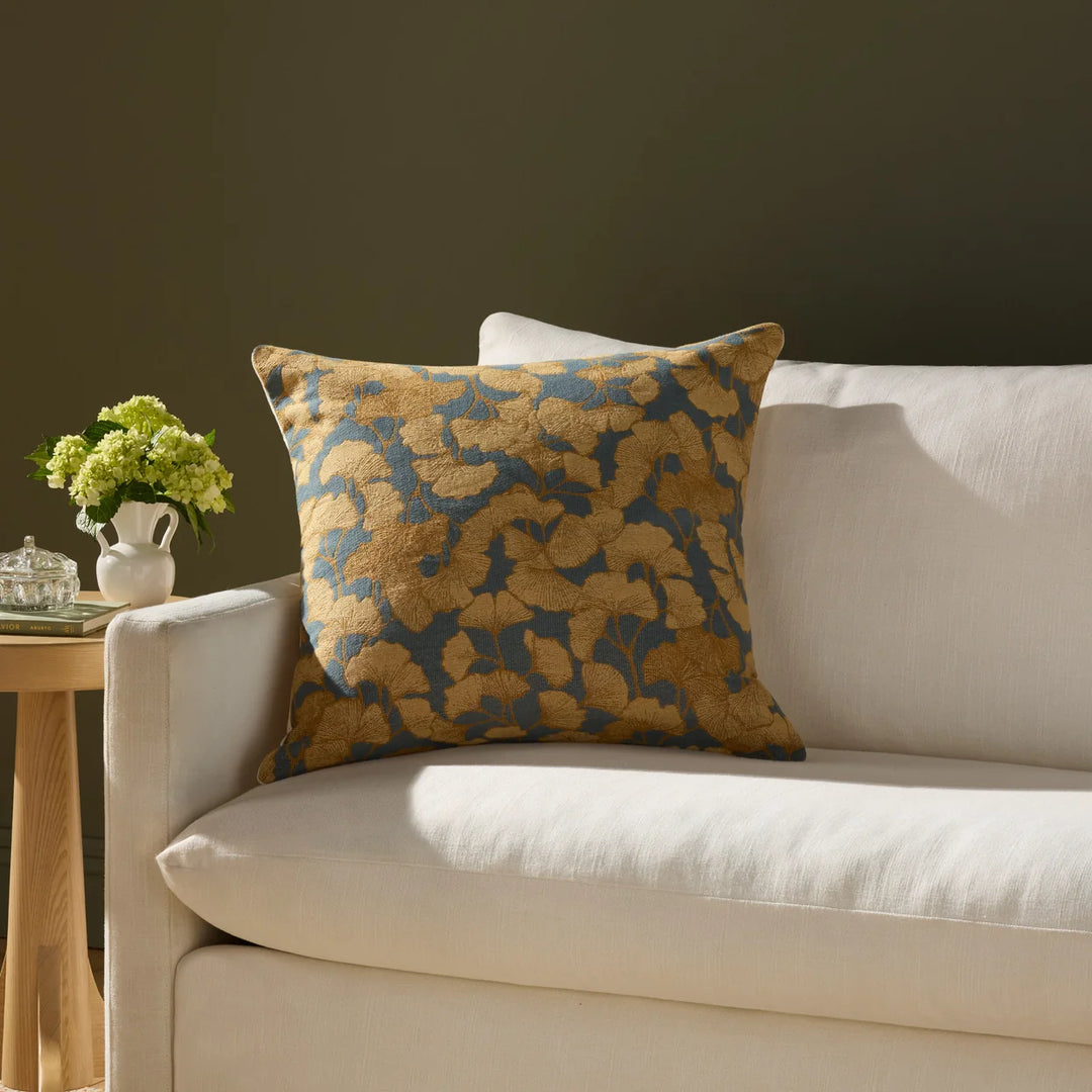 Ginkgo Cushion, Blue/Gold - 22" x 22"