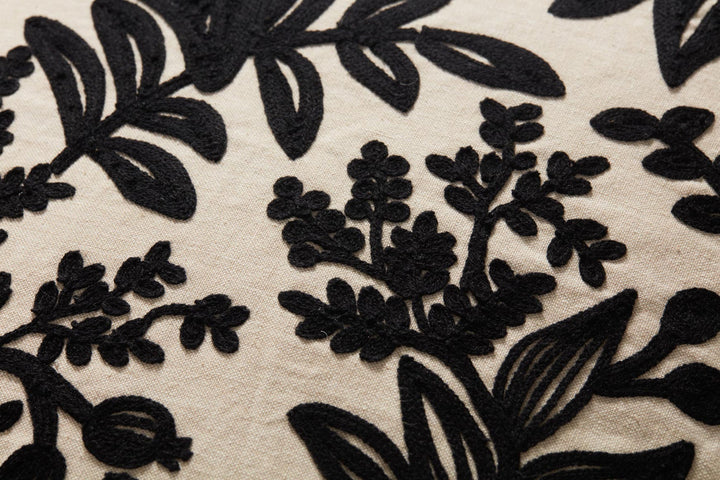 Foliage Embroidered Cushion - Black/Ivory