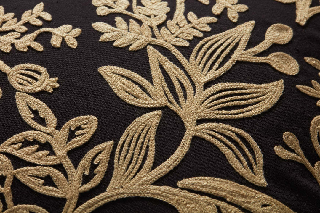 Foliage Embroidered Cushion - Black/Ivory