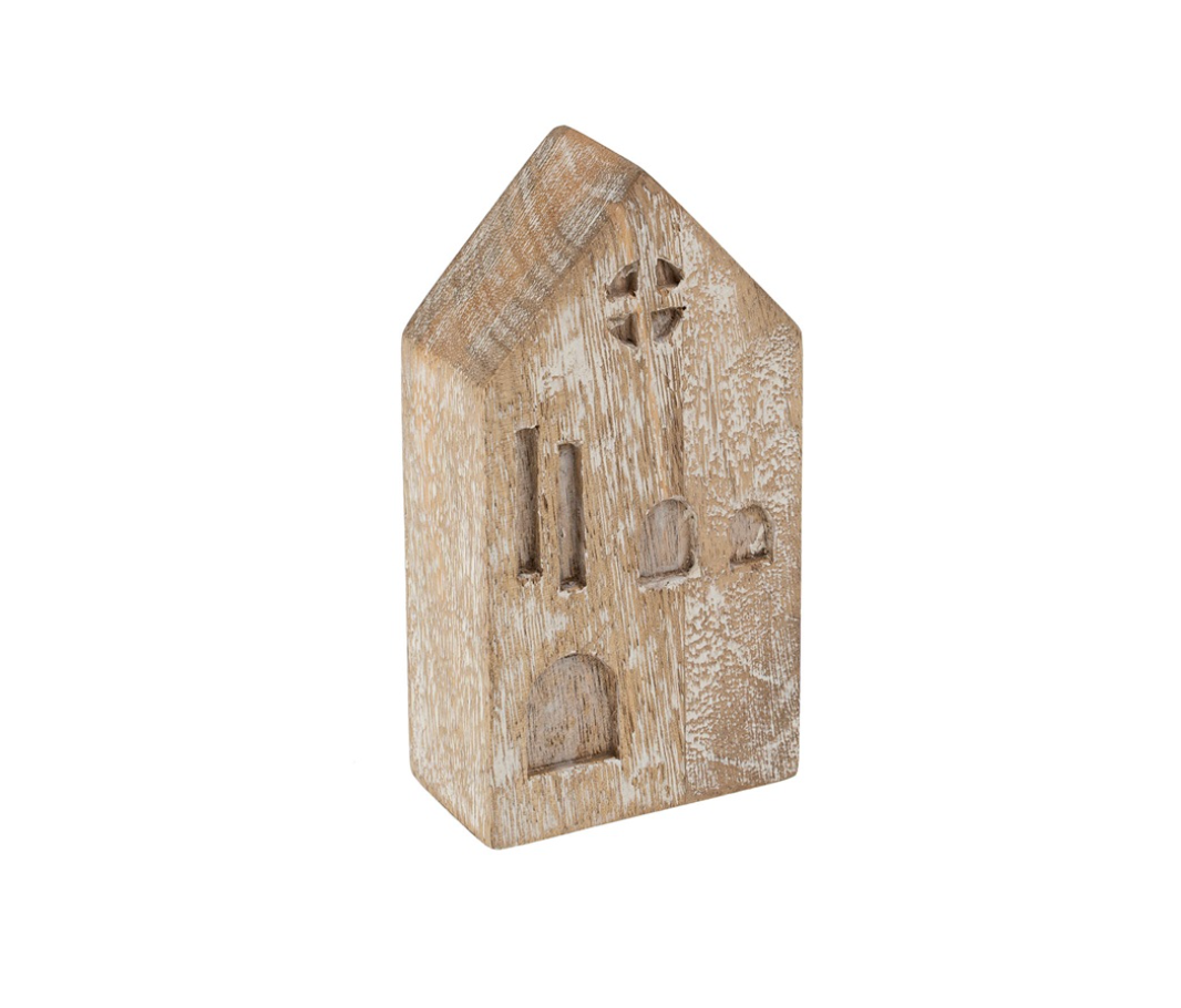 Wooden house-shaped decorative item with cut-out windows and door on a white background