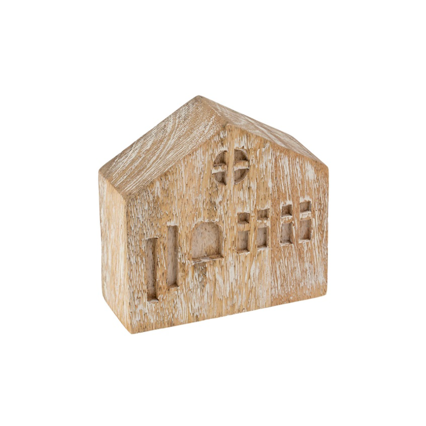 Wooden house-shaped ornament on a white background