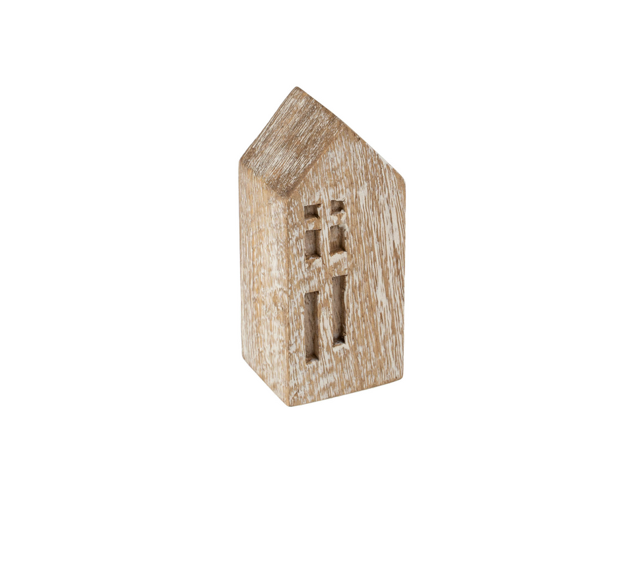 Small wooden house-shaped object on a white background