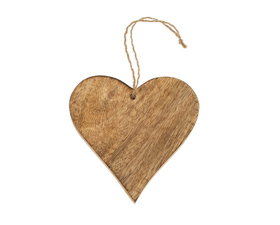 Wooden heart-shaped hanging tag on a white background
