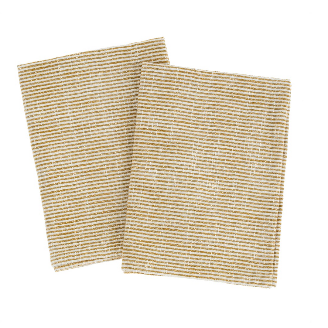 Two striped fabric kitchen towels on a white background