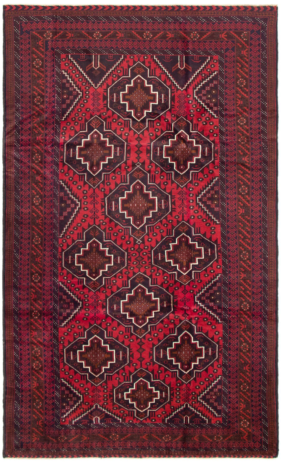 The Douglas hand-knotted Afghan wool rug with intricate geometric designs in deep red, black, and cream tones. Available at Tuck Rugs.