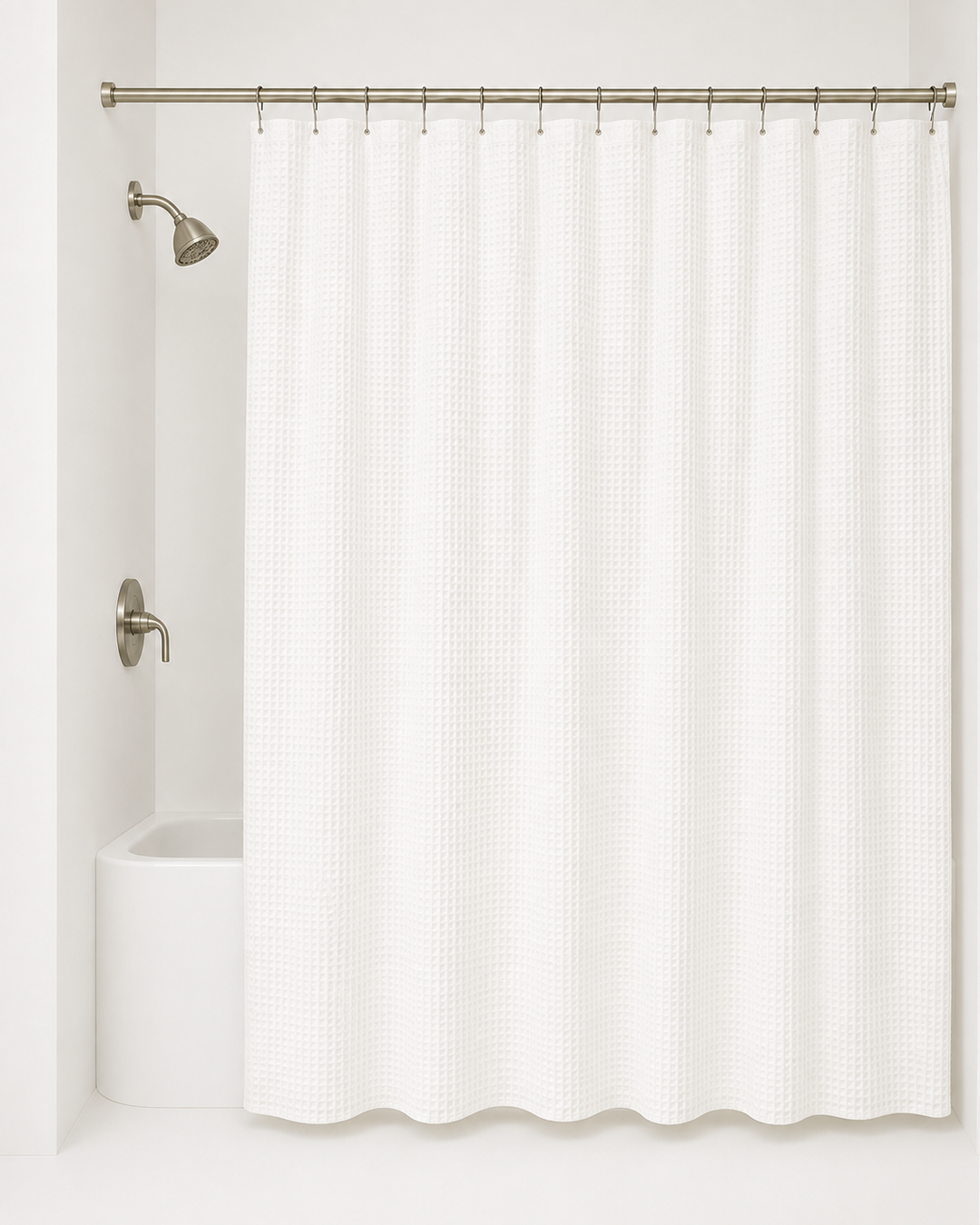 WHite whower curtain in white bathroom