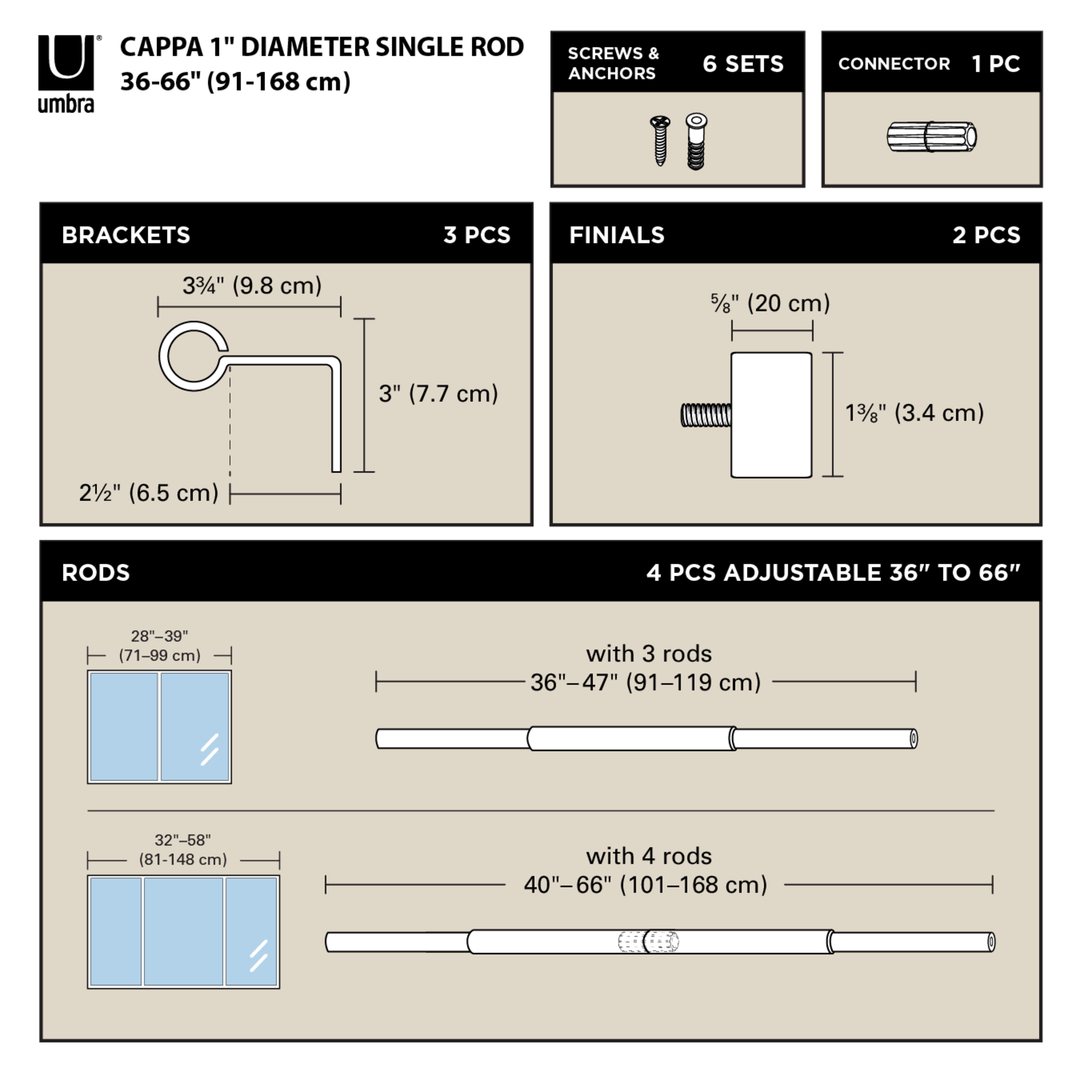 Single Curtain Rods | color: Nickel | size: 36-66"""" (91-168 cm) | diameter: 1"""" (2.5 cm)