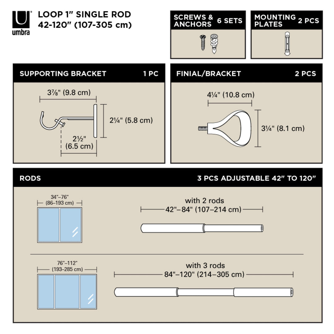 Single Curtain Rods | color: Eco-Friendly Nickel | size: 42-120"""" (107-305 cm) | diameter: 1"""" (2.5 cm)