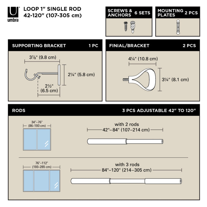 Single Curtain Rods | color: Gold | size: 42-120"""" (107-305 cm) | diameter: 1"""" (2.5 cm)