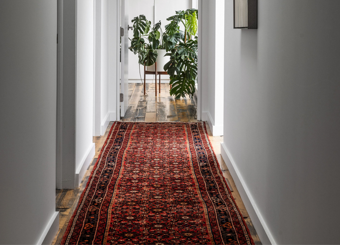 The Crown Rug displayed in a hallway, adding color and warmth with its bold geometric design. Available at Tuck Rugs.