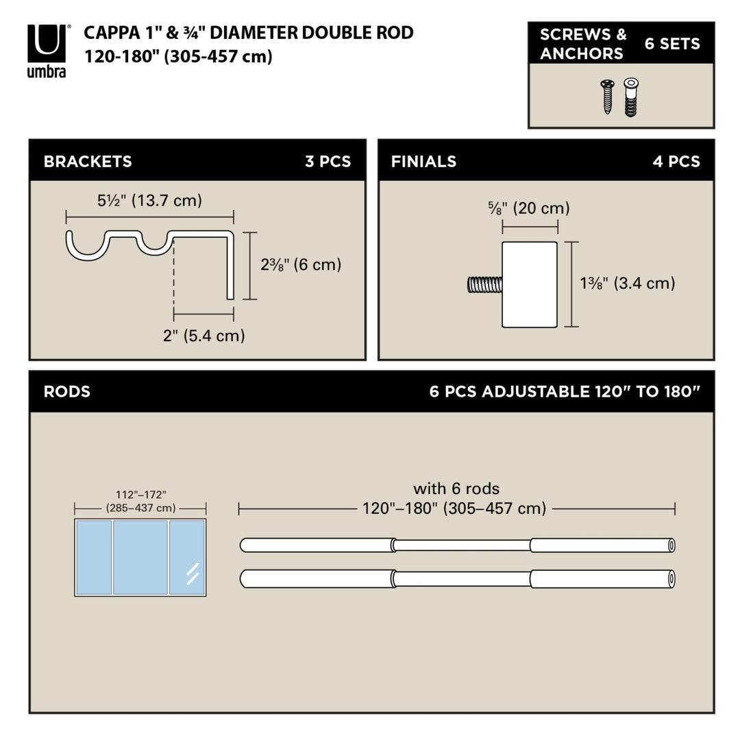 Double Curtain Rods | color: Nickel | size: 120-180"""" (305-457 cm) | diameter: 1"""" (2.5 cm)