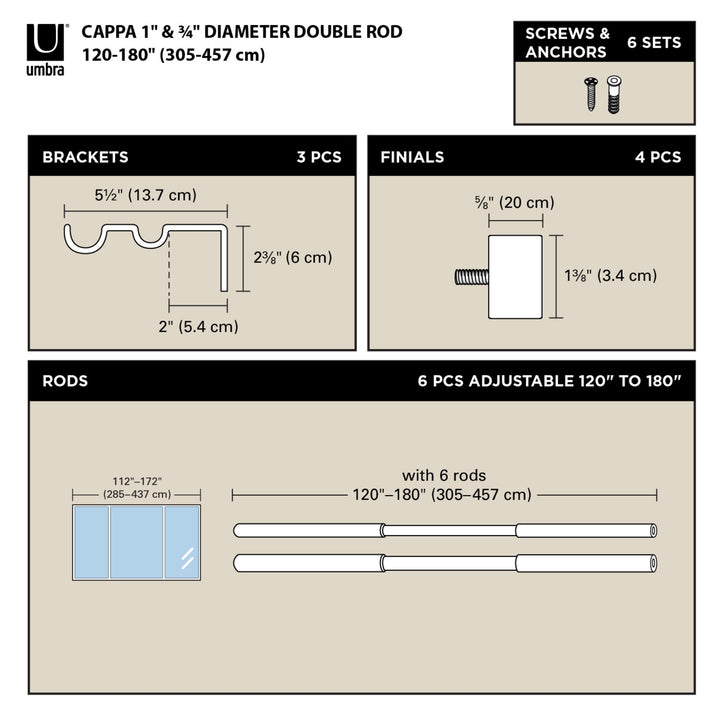 Double Curtain Rods | color: Nickel | size: 120-180"""" (305-457 cm) | diameter: 1"""" (2.5 cm)