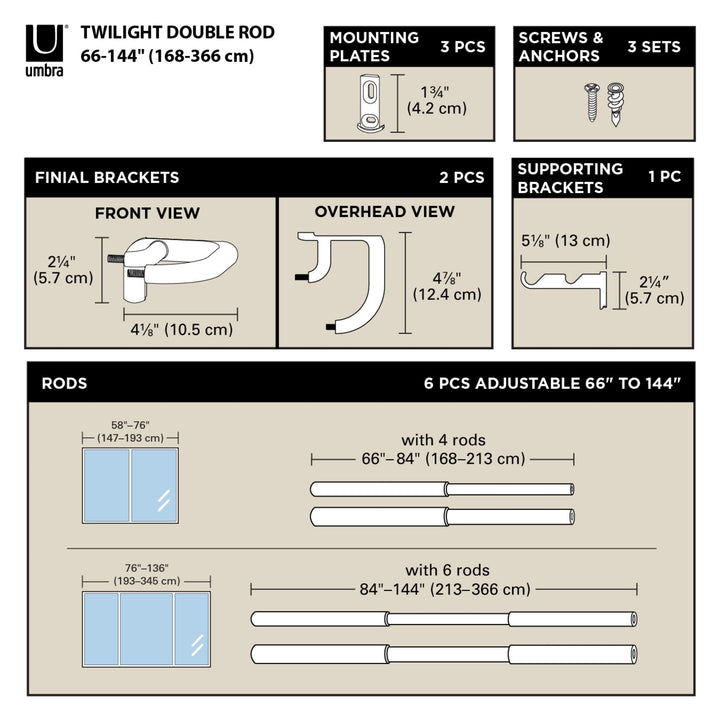 Double Curtain Rods | color: Matte-Black | size: 66-144"""" (168-365 cm) | diameter: 3/4"""" (1.9 cm)