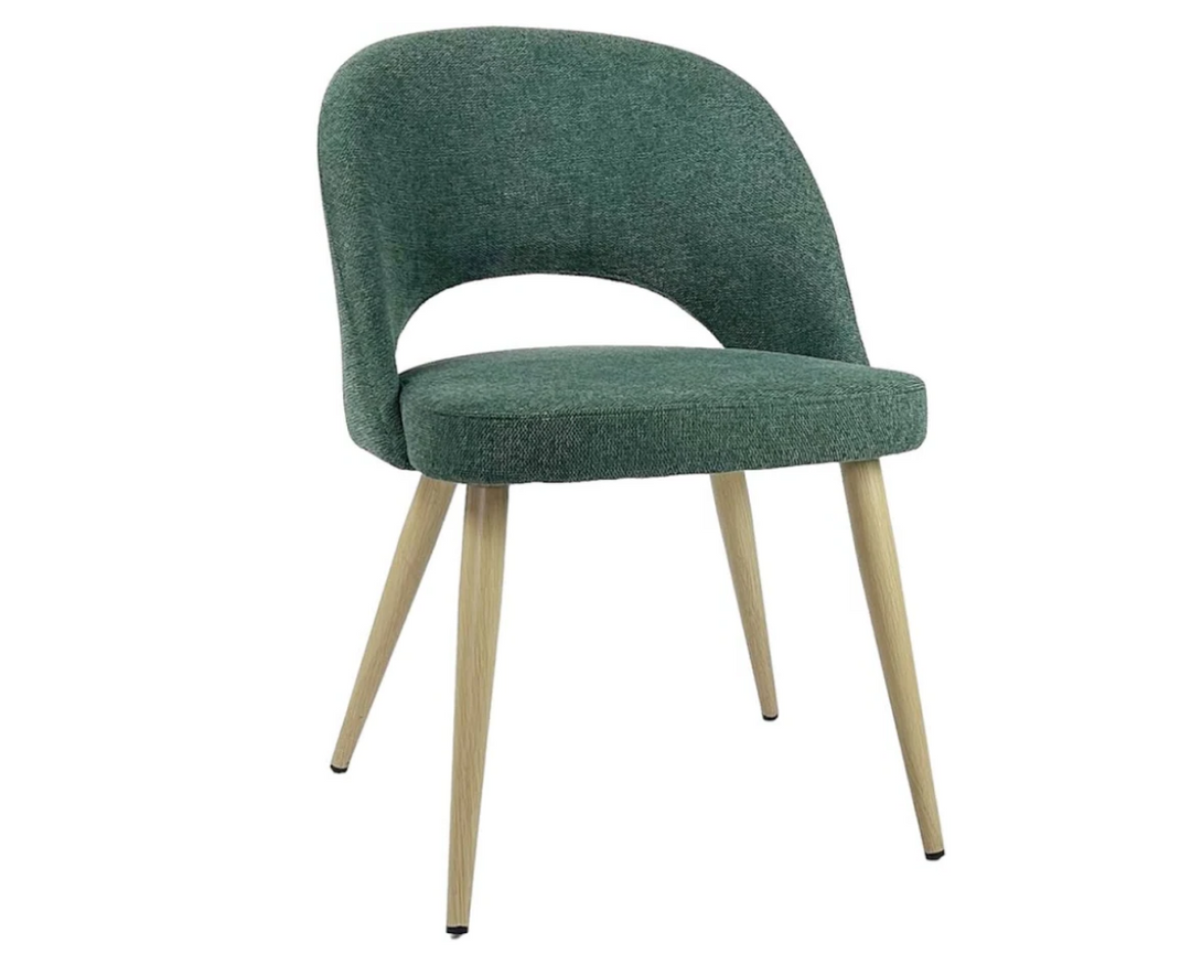 Green upholstered chair with wooden legs on a white background
