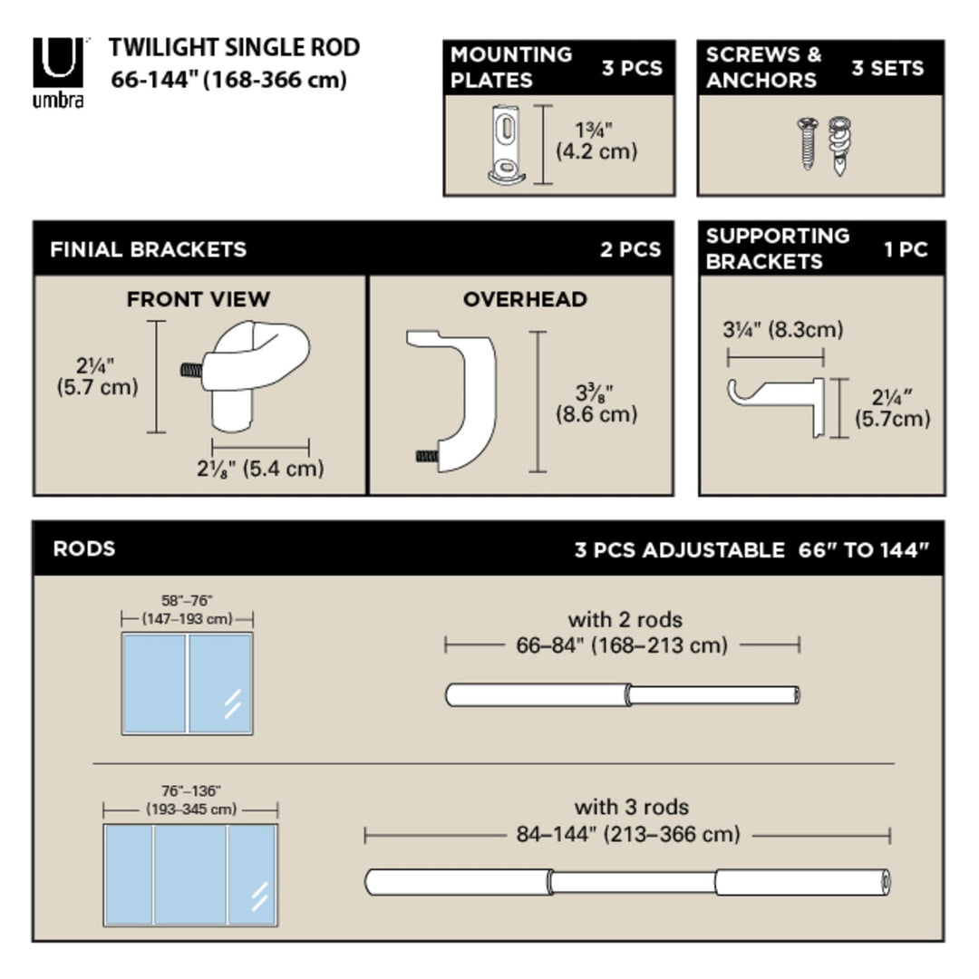 Single Curtain Rods | color: Matte-Black | size: 66-144"""" (168-365 cm) | diameter: 3/4"""" (1.9 cm)